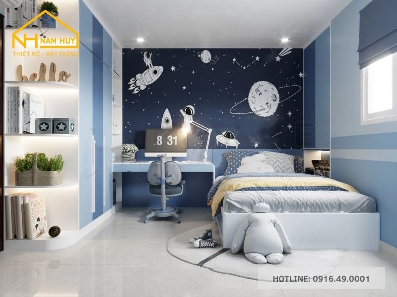 Phòng ngủ bé trai đẹp nội thất và màu sắc tương đồng với nhau