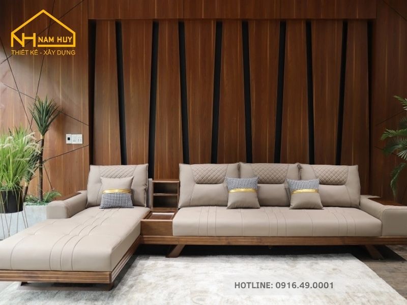 Sofa gỗ kết hợp nệm da hoặc vải, tiện lợi, dễ tháo rời.