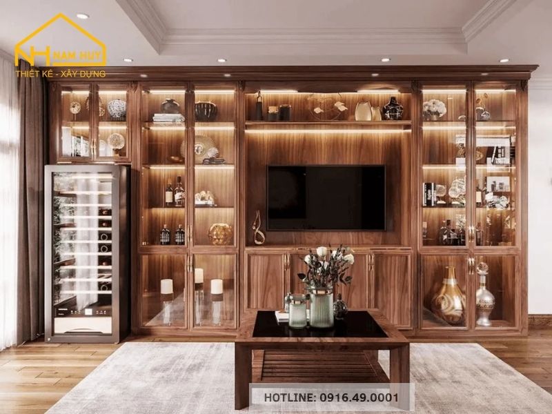 Thiết kế này vừa giúp trưng bày bộ sưu tập rượu một cách đẹp mắt, vừa tạo nên một khu vực giải trí sang trọng và tiện nghi.