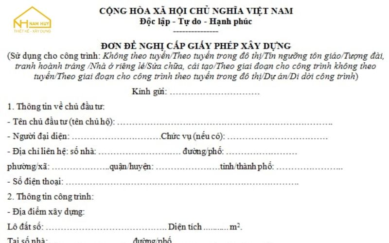 Đơn đề nghị giấy phép xây dựng theo mẫu có sẵn